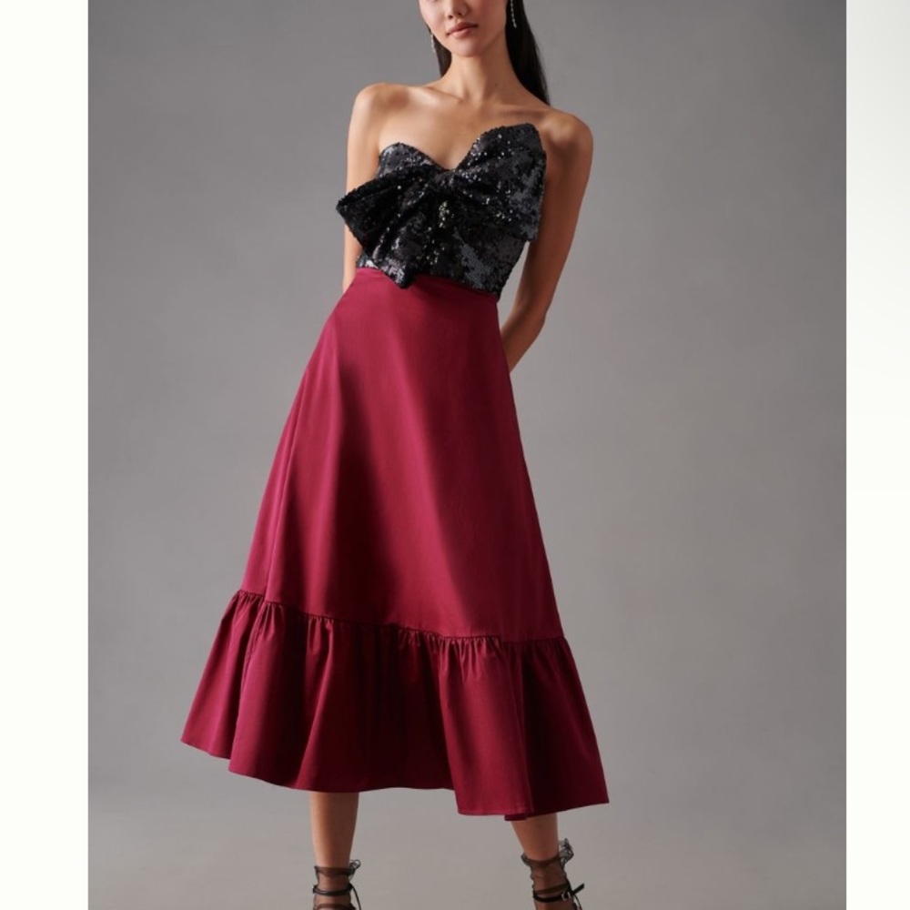 Anthropologie Maxi Dress Formal 12 Hutch Sequin Bow Red Black Gown Strapless NWT
